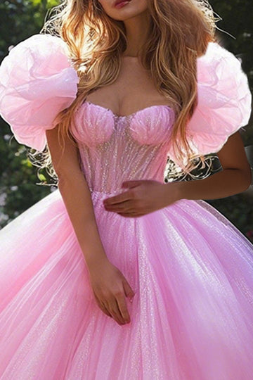 Glitter Ball Gown Puff Sleeve Pink Ruffled Quinceanera Dress